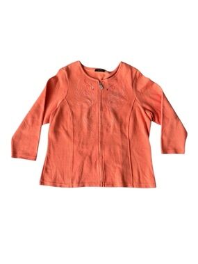 Bob Mackie 1X Orange Zip Sweater Cardigan Sequin Phoenix Peacock Art To Wear